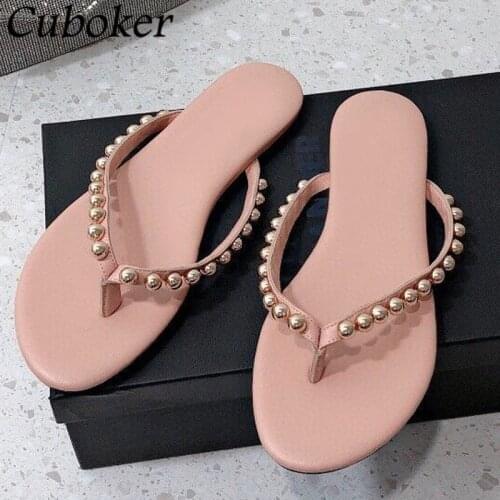 Luxury Brand Flip Flops Women Leather Slides String Bead Decor Female Flat Causal Slippers Summer Vacation Beach Shoes Women