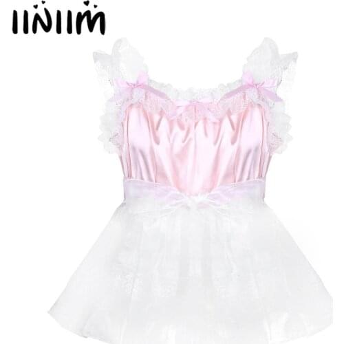Adult Baby Mens Sissy Babydoll Crossdress Ruffled Lace Straps Tulle Dress with Waist Belt Gay Male Clubwear Cosplay Costumes