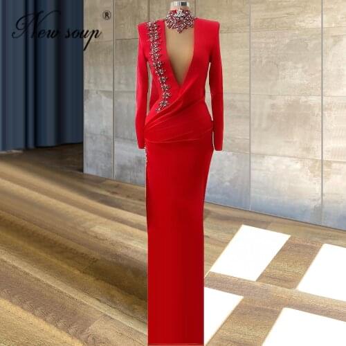 Robe De Soiree Turkish Long Evening Dresses 2021 Custom Made Red Satin Long Sleeves Formal Prom Dress Sexy Neck Party Night Gown