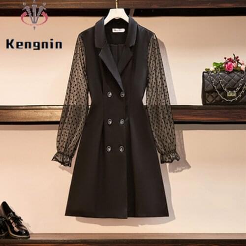 2021 Autumn Women Oversized Dresses Mesh Lace Patchwork Notched Double Breasted Female Dresses Robe Ladies Black Dress KE1655