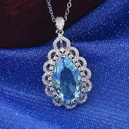 Womens 925 Sterling Silver Sea Blue Topaz Water Drop Pear Shape Pendant Necklace Wedding Engagement Products Jewelry