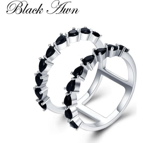 New Hyperbole 925 Sterling Silver Fine Jewelry Trendy Engagement Bague Black Spinel Leaf Womens Wedding Ring Bijoux Femme G002
