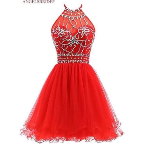 ANGELSBRIDEP High-Neck Short Homecoming Dresses Vestidos De Festa Crystal Sparkly Tulle Vestidos De Graduación Cocktail Dresses