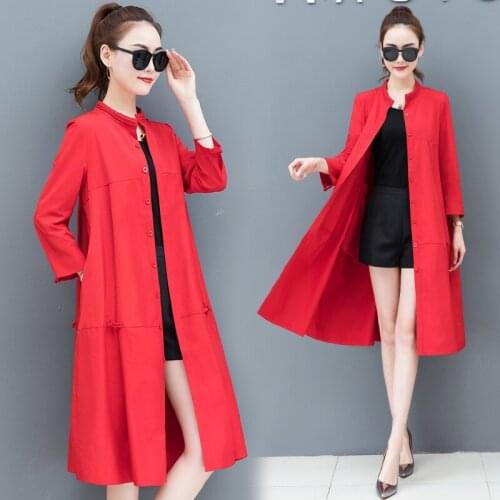 Spring Autumn Long Trench Coat For Women Casual Loose Ladies Thin Windbreaker Female Overcoat Feminino Outerwear 3XL Red W1002