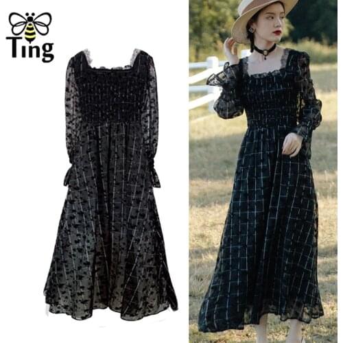 Tingfly Vintage Elegant Soft Girl Square Collar Black A Line Dress Flocking Casual Midi Long Dress Street Chic Zaful Lady Vestit