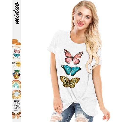 2021 Summer New Butterfly Print Women Loose O-Neck Short Sleeve GYM Sport T Shirt Casual Fashion Kink Top Graphic Tee