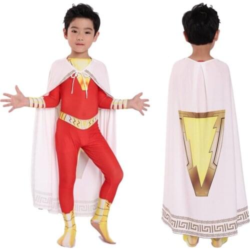Boys Shazam Costume Kids Superhero Outfit With Cape Billy Batson Party Cosplay Uniform Child Fancy Jumpsuit