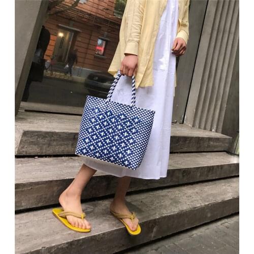 Fashion Handmade Vegetable Basket Womens Handbag Summer Straw Beach Bag Bohemian Female Bag Designer Shopper Plaid Tote Bags