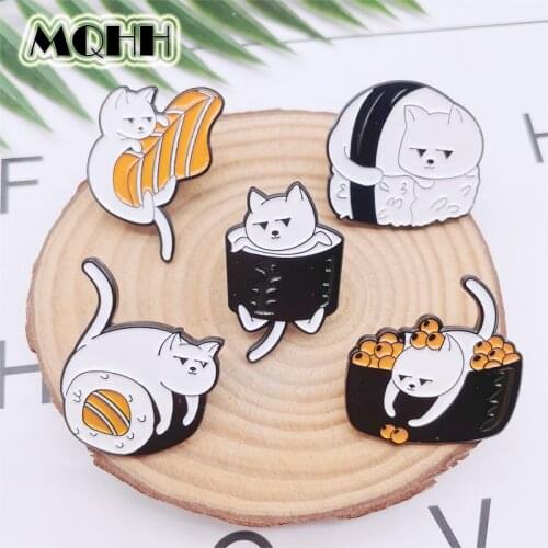 Cartoon Fun Animal Cat Enamel Pins Food Sushi Salmon Cute Alloy Brooch Badge Clothes Accessories Fashion Woman Jewelry Gift