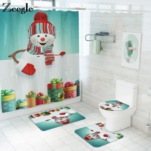 Printed Bathroom Carpet Set Christmas Snowman Decor Bath Mat and Waterproof Shower Curtain Set Bath Mats Toilet Seat Cover Mat