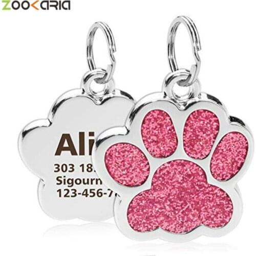 Personalized Dog Cat Tags Engraved Cat Dog Puppy Pet ID Name Collar Tag Pendant Pet Accessories Paw Glitter Pendant