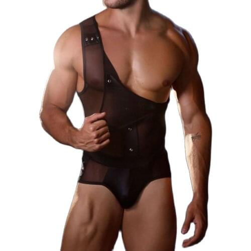 Sexy Tank Top Button Open Shoulder Vest Lingerie Men Porno Sleepwear Transparent Lace Fad Hot Erotic Black Mesh Sleeveless Shirt