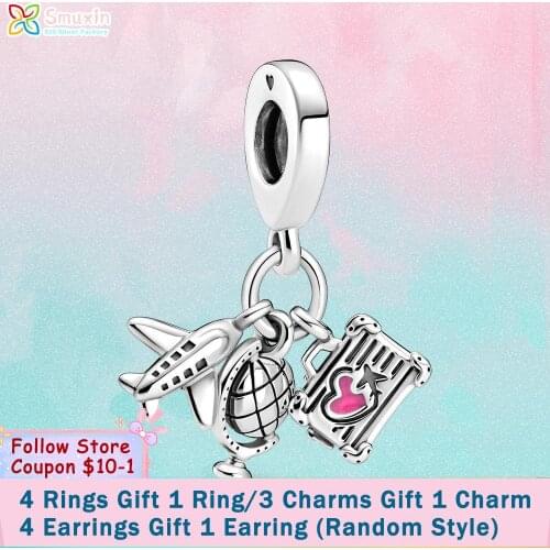 Smuxin 925 Sterling Silver Charm Airplane, Globe & Suitcase Dangle Charm fit Original Pandora Bracelets for Women Jewelry Making