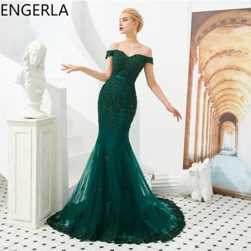Green Mermaid Evening Dresses 2021 Long Lace Appliques Beaded Sequin Off Shoulder V Neck Zipper Prom Gowns
