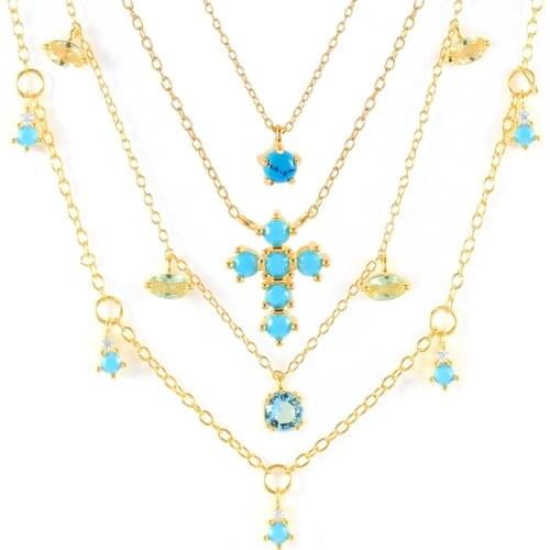 AIDE Wholesale Jewelry on the Neck 925 Silver Necklace Chain for Women Turquoise Cross Pendant Choker Clavicle Mujer Collares CZ