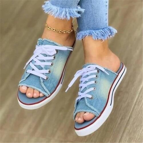 Women Slippers 2020 Canvas Women Summer Shoes Slipper Casual Flats Female Lace Up Shoes Big Size Woman Slippers Fashion