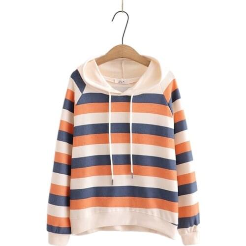 Rainbow Striped Print Harajuku Hoodies and Sweatshirt Women 2021 Winter Long Sleeve Preppy Style Ladies Daily Hooded Tops