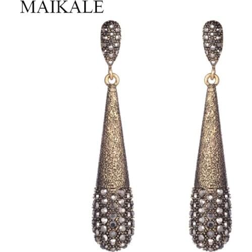 MAIKALE Vintage Exaggerated Alloy Long Drop Earrings Gold Black Color Rhinestone Big Dangle Earring Party Jewelry Gifts