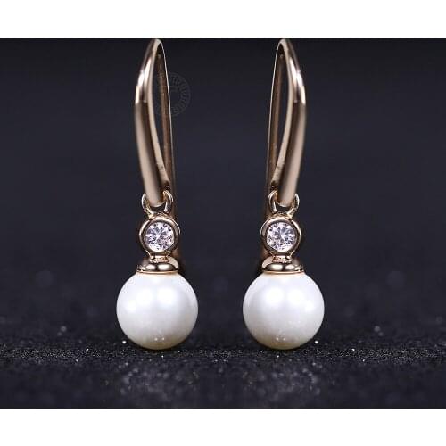 Womens Drop Dangle Earrings Simulated Pearl Cubic Zircon Huggie Clear 585 Rose Gold Earrings for Women Girls Jewelry LGE280A