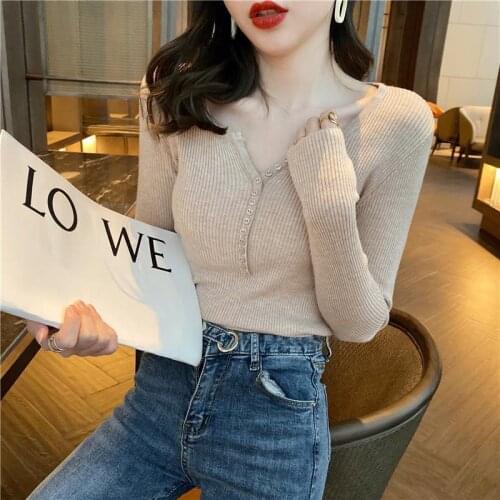 Women V-neck Elasticity Pullover Sweater Fall Style Slim Bottoming Shirt Autumn Winter Temperament Slim Knitted Ladies Sexy Top