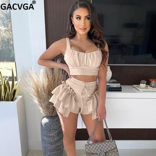GACVGA 2021 Sexy Two Piece Sets Women Crop Top And Drawstring Ruffles Shorts Matching Set Summer Sportswear Outfits Tracksuit