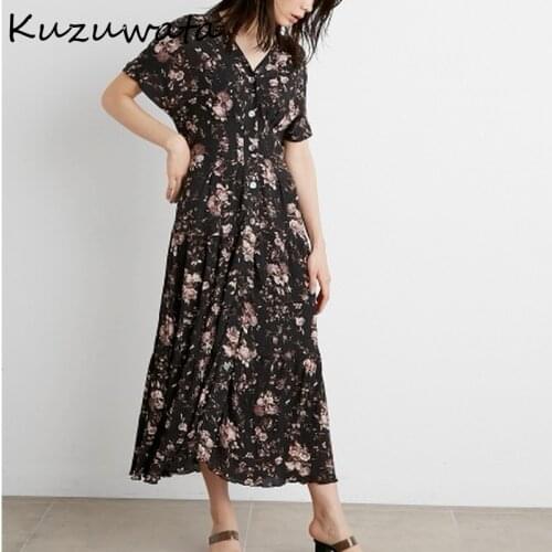 Kuzuwata High Waist Hip A Line Slim Dress Women V Neck Short Sleeve Temperament Vestidos Vintage Print Open Back Lace Up Robe