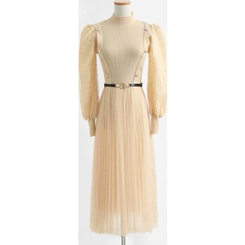 2021 Autumn Winter Elegant Long Knitted Dress Women Solid color Mesh Patchwork O-neck Long Sleeve Dresses A-line Vestidos