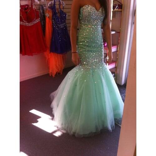 Vestido De Festa Custom Made Green Crystal Sweetheart Mermaid Tulle Floor Length Prom Dresses Evening Dress 2014 New Arrival