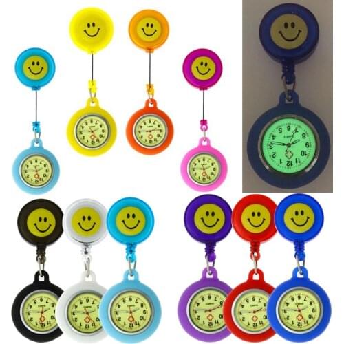 10pcs/lot Luminous Retractable Smile Cute Silicone Women Mens Nurse Doctor Pocket Watches Office Badge Reel Clips Clock Gifts