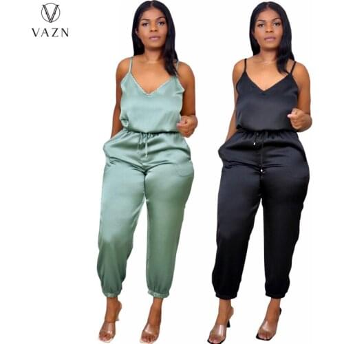 VAZN 2021 INS Chiffon Spaghetti Strap Sleeveless Solid Simple Joker Women Slim High Waist Braid Pencil Jumpsuits