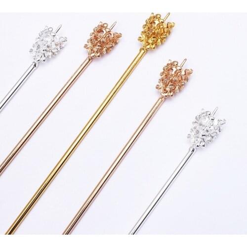 5 PCS 120*2.5mm Metal Alloy KC Gold Silver Color Flowers Hair Sticks Base Setting DIY Hairwear Accessories For Jewelry Making