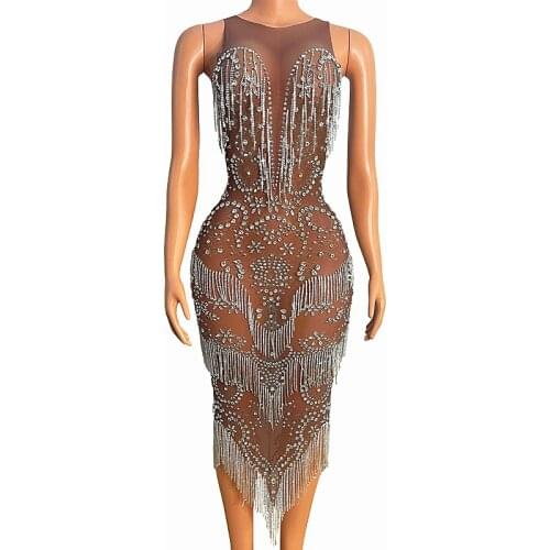 Sparkly Silver Rhinestone Fringe Transparent Mesh Dress Evening Birthday Celebrate Outfit Women Dancer Party Show Dress