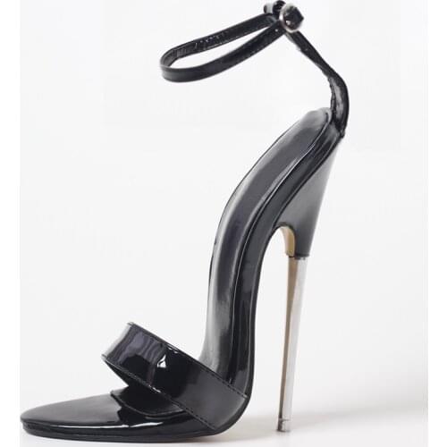 18cm 7" Stiletto Sandal summer Extreme high heel 18cm metal heel Sexy High Heel Ankle strap black patent fashion show hot women