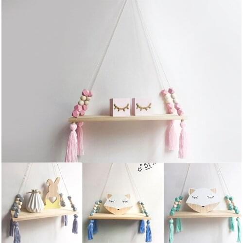 DIY Home Wall Hanging Bedroom Wooden Ornaments Tassel Bead Pendant Nordic Bead Hanging Storage Shelf Photo Props Room Wall Decor
