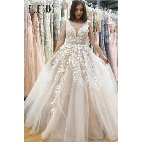 E JUE SHUNG Elegant Boho Wedding Dresses V Neck Floral Appliques Beaded Sash A Line Wedding Gowns Bride Dresses robe de mariee