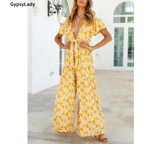 GypsyLady Yellow Vintage Floral Boho Jumpsuits Summer Casual V-neck Sexy Women Casual Playsuits Belted Ladies Jumpsuits Overall