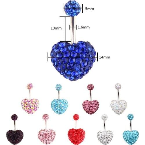 Navel Piercing Ombligo Heart Double Side Belly Piercing Rings Surgical Steel Crystal Disco Ball Belly Button Ring Body Jewelry