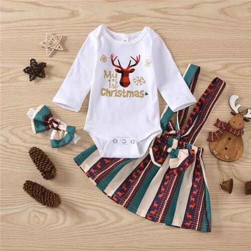 3 Piece Set Baby Girls Christmas Suit White O-Neck Long-Sleeves Rompers Top + Multicolor Suspender Skirt + Hairband