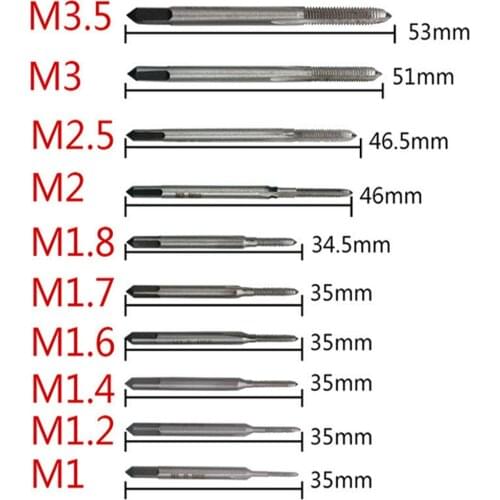 10Pcs T-type M1/M1.2/M1.4/M1.6 M1.7/M1.8/M2/ M2.5/ M3 /M3.5 Tap Die Set Straight Fluted Screw Thread Metric Plug Tap Drill