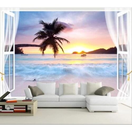 Sea view outside the window 3D seagull coconut tree stereo wallpaper landscape living room bedroom wall papers home decor mural