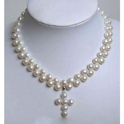 Charming 2 Rows White Akoya Cultured Pearl Cross Pendant Necklace 18" Free shipping