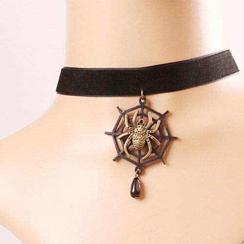 12 Pieces/Lot Women Necklace Velvet Gothic Lace Choker Spider Web Pendant Necklaces Collar Jewelry Ladies Halloween Accessories