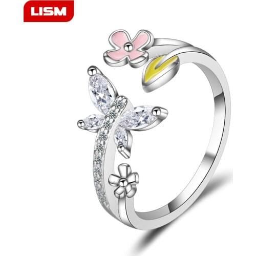 925 Sterling Silver Butterfly&Daisy Flower Yellow CZ Adjustable Open Rings For Women Jewelry