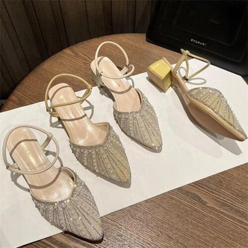 Baotou Sandals Women 2021 Summer New All-Match Rhinestone Pearl Mid-Heel Temperament Fashion Sandals Outdoor Single Sandals