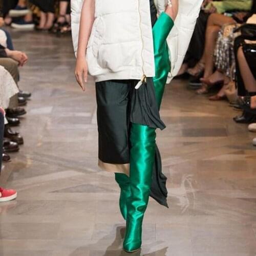 Sexy Woman Extreme Long Waist High Boots Bright Colors Satin Silk Stiletto Heel Pointed toe Runway Shiny over Knee Booties Shoes