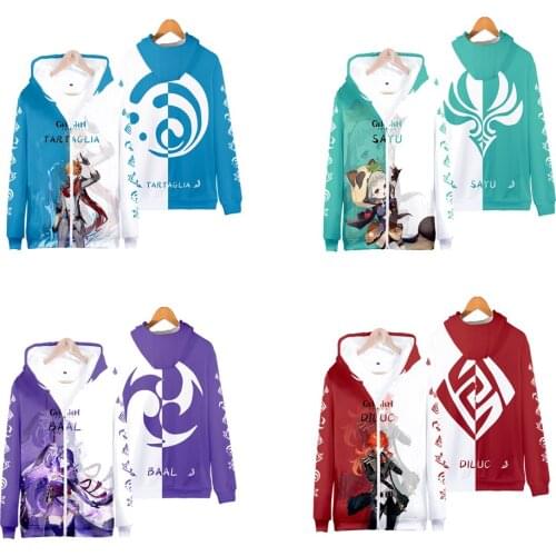 3D Zipper Hoodie Genshin Impact Cosplay Costume Mona Kaeya Klee Diluc Venti Paimon Zhongli Keqing Ganyu Unisex Hooded Sweatshirt
