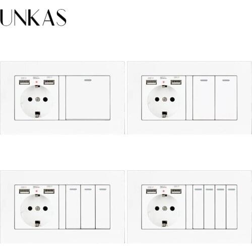UNKAS EU Standard Wall Socket Dual USB Port 146*86MM + 1 2 3 4 Gang 1 / 2 Way On / Off Light Switch PC Plastic Panel Outlet