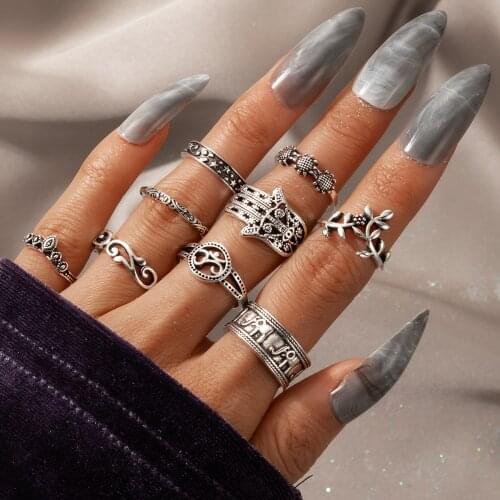 Vintage Silver Color Hamsa Flower Crown Rhinestone Midi Finger Ring Sets for Women Stacking Knuckle Jewelry Anillos