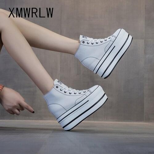 XWMRLW Women Chunky Sneakers 2020 Autumn Winter High Top Shoes White Black Sneakers For Women Casual Leather Shoe Chunky Sneaker