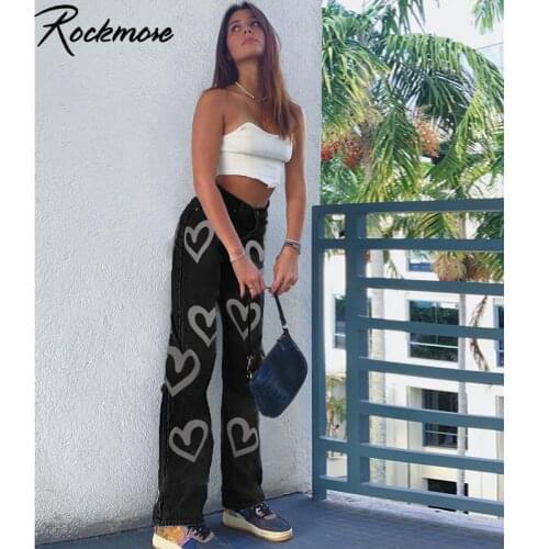 Rockmore Vintage Heart Printed Straight Jeans Women Y2K Baggy High Waist Harajuku Aesthetic Mom Jeans Denim Streetwear Trousers
